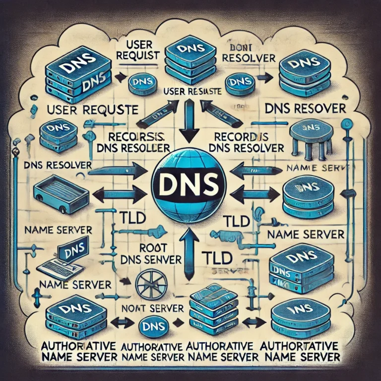 The flow of a DNS query, from a user's request to retrieving the final IP address.